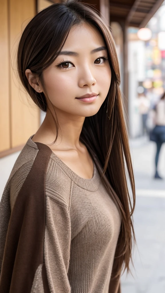 Female, Japanese, 50s, brown, shoulder-length hair, brown eyes, friendly impression, casual clothing, face with prominent lines, fine lines beginning to show, upper body in focus.