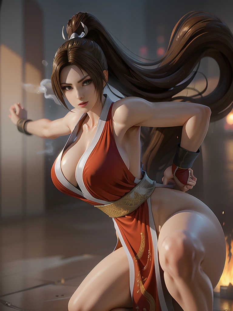 (exquisitely detailed CG unity 8k wallpaper, masterpiece-quality with stunning realism), (best illumination, best shadow), (best quality), (elegant style:1.2), Arti modern anime. angled view, heroic pose, midshot, (cel-shading style:1.3), centered image, ultra detailed closeup portrait of (Mai Shiranui:1) from (King of Fighters), best quality, expressive eyes, perfect face, highres, (ultra details), 1 girl, solo, brown hair, hair ornament, eyeshadow, gold, white and red qipao, highly ornamented, in the city of Japan, portrait, looking at the viewer, piercing eyes, full body, leaning forward, ready to fight, fighting pose, action fight scene, strike, staring, (light from the angle:1) (smoke and dust:1.2) (wind blowing:1.2).(depth of field effects:1.3) (motion action:1.2) (closeup:1.2) (two legs:1) (two arms:1) (one head:1) (attacking pose:1.2) (angled closeup photography:1) (turning action pose:1), (dress on fire:1), (motion blur effects:1), (holding a oriental fan:1), (attacking:1), wide angles