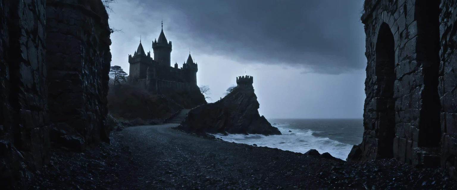 From the distance, The road winds through a desolate and dark landscape, dominated by the influence of the demons that control the continent. The path is lined with twisted trees and eroded rocks that seem to whisper stories of ancient times and hidden dangers..
As you get closer, The imposing castle stands majestically on a cliff that plunges into the raging sea. The waves break against the rocks with fury, as if they were trying to challenge the presence of the castle and its formidable owner, the demon queen. The castle itself is a dark, gothic fortress, with tall towers rising into the stormy sky.
The castle walls are decorated with infernal motifs and symbols of demonic power, but without a gargoyle in sight. The architecture is austere and functional, reflecting the implacable authority of its owner. The only entrance to the castle is a solid iron gate, adorned with intricate designs of demonic runes that appear to glow darkly in the moonlight.
The atmosphere around the castle is infused with an aura of power and danger., where the whisper of the wind seems to carry echoes of demonic intrigue and dark desires.