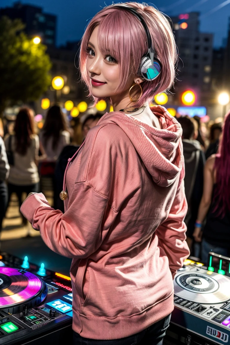 highest quality, Tabletop, 超A high resolution, (Realistic:1.4), (Japanese Idols),RAW Photos, One Girl, night,Detailed skin,nightclub,disco,(bionde:1.2), (Pink inner hair:1.3),Glossy lips,smile,21 years old,Beautiful and beautiful eyes,eye shadow,Diamond jewellery,Earrings,Gold Jewelry,(hoodies:1.3),,(Strengthening shoulders:1.2),A well-trained body,(Pixie Cut),Round face,(playing music as a dj:1.5), (dj:1.2) playing at a vibrant (music festival:1.2) with (energetic crowd:1.1) and (colorful stage lights:1.1), (Back view:1.5 ),Back view,A slightly distant composition,(back of head