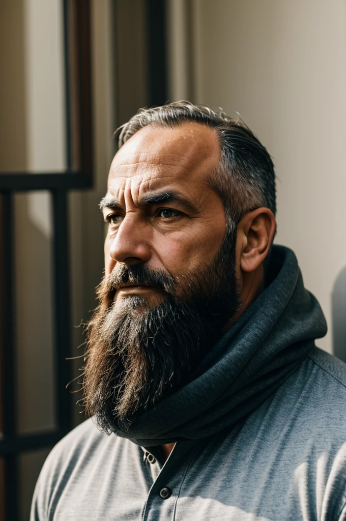 A man in his 50s with a beard is sad and hunched over looking to the side