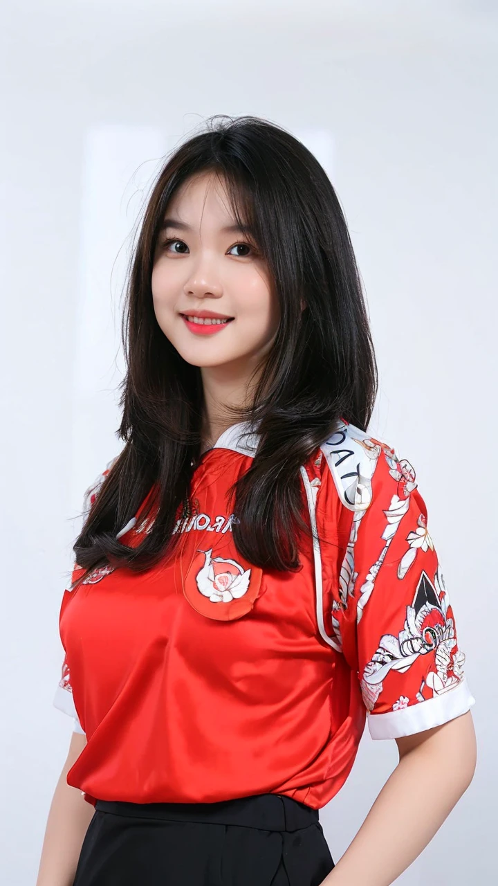 (8K, highest quality, masterpiece: 1.3), (realistic, photorealistic: 1.4), ultra high definition, (ao dai), (red clothes), (japanese female), (high-definition cute face), (large breasts), brown hair, ponytail hair, professional lighting, (closed mouth: 1.2), blush, smile