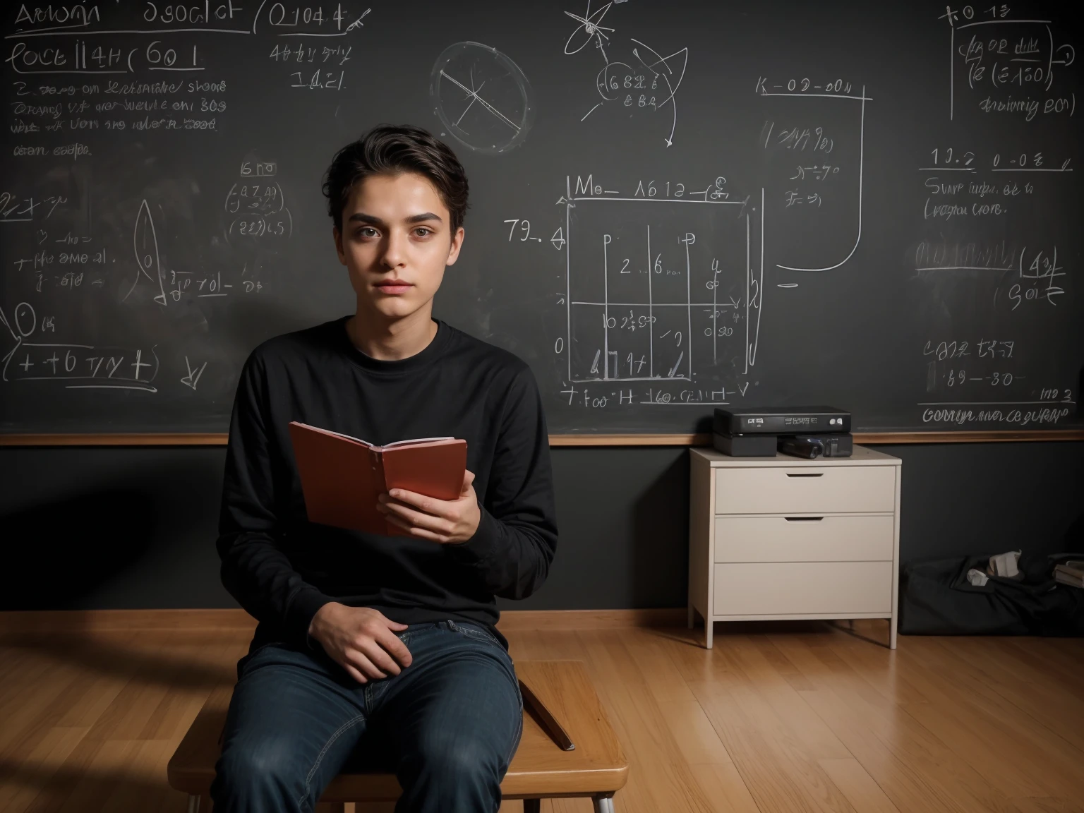 A beautiful young twink, cute male, with black hair and a face with makeup. He is wearing a long-sleeved aquamarine shirt and black jeans. He is in his luxurious scientific office, and behind him is a blackboard with neurons and calculus written on it, and he looks in amazement and shock with his eyes beneath it. Dark circles, and he has a red face with makeup on while sitting in his office studying physics.