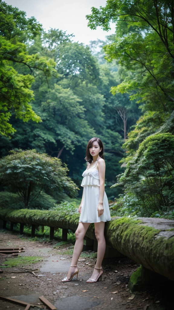 ((Highest quality、high resolution、High definition、masterpiece:1.2))、((8K、High resolution:1.3))、One woman、Portrait、Beautiful Japan woman at 23 years old、((whole body))、(SONY α7 FE28-70mm F3.5-5.6 US:1.1)、Professional Lighting、RAW Photos、Wearing a micro bikini、Wearing high heels、Simple Necklace、Perfect proportions、In the ruins、Ruins in the forest、Decaying wall、Serious look、View here