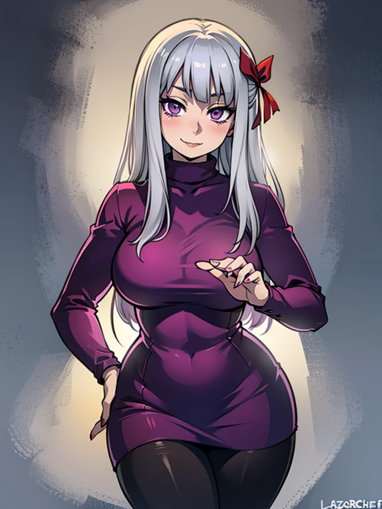 high_aesthetic,art by Lazorchef, ((Masterpiece, best quality, perfect lighting, amazing shading)), perfect anatomy, field of depth, extremely beautiful, long silver hair, hair ribbons, purple eyes, turtleneck sweater, tights, cute smile, (curvy), blushing, (cowboy shot), (elegant pose), simple background