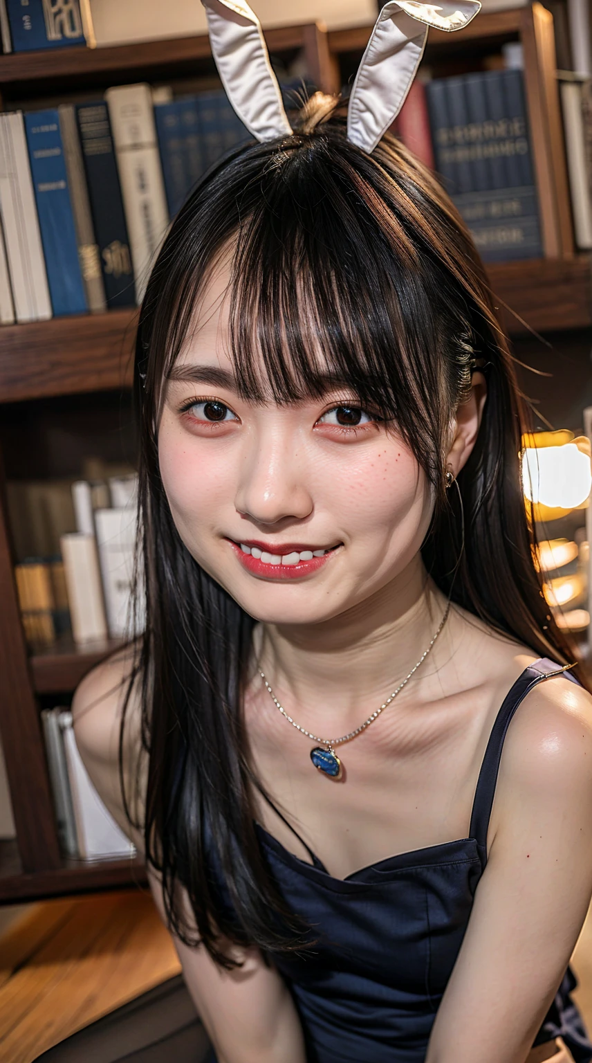 (8k, Realistic, RAW Photos, highest quality: 1.4), Beautiful Face, (Realistic face),A girl in a bunny suit in a library,18-years-old, 1 Innocent and Cute girl, Sitting on the floor, People in the background, Wrist cuff, Detachable collar, fishing net, Black shiny outfit, Tight bunny suit, Beautiful Face, Detailed lips, crowded library, (big smile:1.3),spread your legs, show panties, show cameltoe,panty shot: 1.3,masterpiece:1.3,looking down from below, masterpiece:1.3, high resolution, ultra detailed, extremely detailed CG unity 8k wallpaper, realistic, photo-realistic, RAW photo, beautiful detailed face, pale skin, realistic glistening skin, detailed hair texture, Perfect Style, Beautiful Face, accurate, Anatomically correct, Highly detailed face and skin texture, Detailed eyes, Brown eyes, Double eyelids, Thin eyebrows, dropped eyes, Eyeliner, Natural cheeks, Fair skin, shiny necklace and earrings, Glossy Thin lips,