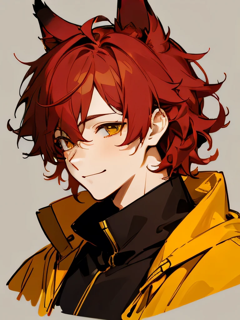 Boy Messy red wavy short hair, stunning anime face portrait, looking to nothing, smile thinly, manly, bright warm GOLDEN YELLOW high detailed thin eyes, grayard grey background, high detailed shadow, avoid human ears, big red fox ears