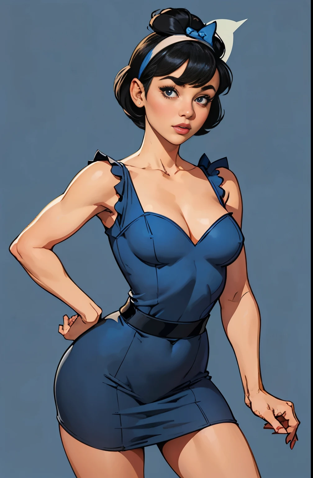 girl, portrait, small breasts, slim, short black hair, blue bow on head, bangs, betty rubble, flintstone, hot, soft or colored lips, blue short dress, pinup, housewife, simple background, flat colors, perfect hands , perfect anatomy,

