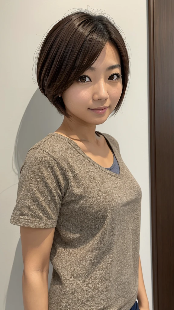 Female, Japanese, 50s, short brown hair, brown eyes, friendly impression, casual clothing, face with prominent lines, fine lines beginning to show, upper body in focus.