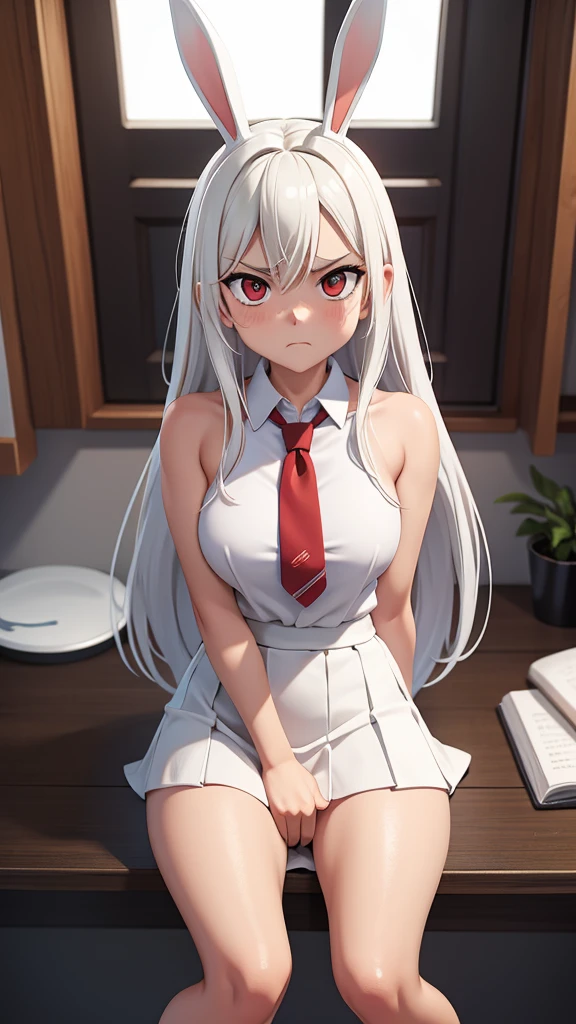 Naked, Without clothes, in a tie, mini skirt, sitting cross-legged, pumped body, white hair, bunny ears, red eyes, angry face, wet skin, office, natural light, woman, solo, Bottom view, self tit grab