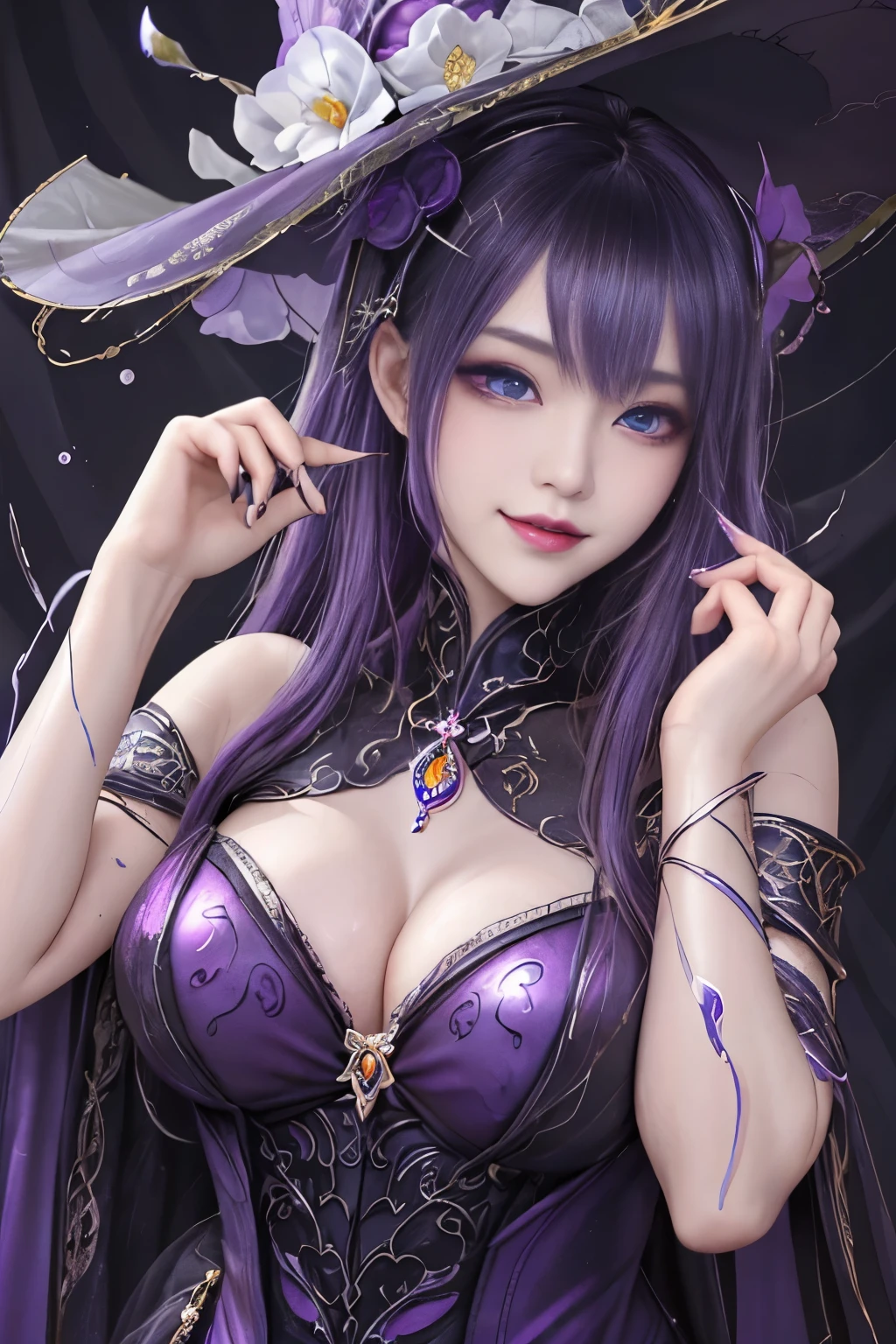 強力なスーパーevil女がクローズアップでポーズをとる, Black Goddess (Bare shoulders), length, Flowing purple hair, View your viewers, Highly detailed face, Perfect hands, Blue smoke swirling around her, evil事を愛する, Captivating blue eyes, Dark fantasy, , realistic girl rendering, 8k artistic german bokeh, Enchanting girl, Real Girls, Gurwitz, Gurwitz-style artwork, Girl Roleplay, Realistic 3D style, cgstation Popular Topics,, 8K Portrait Rendering,(truth,truth:1.4)、Genuine, Symmetric, High detail, Esoteric arachnids lady, Spider Queen Elise, League of Legends, Esoteric arachnids, Combat Stance, ( The body is made with liquid metallic paints in metallic mauve and metallic black.....、It beautifully depicts the female form.....。), length, Sharp Fangs, nature, ((Complex metallic colors in the foreground)), (( Fluid Mechanics, The most beautiful smooth scale face makeup, Smirking expression)) - Dark blood, Onyxia、Noir painting of a beautiful young witch, length purple hair, dark purple lips, evil, evil女, smile, Black Prom Dress, She is coming to you, close, Bright Blue Eyes, Surrounded by swirling pink smoke, Genuine, High detail, Highest quality