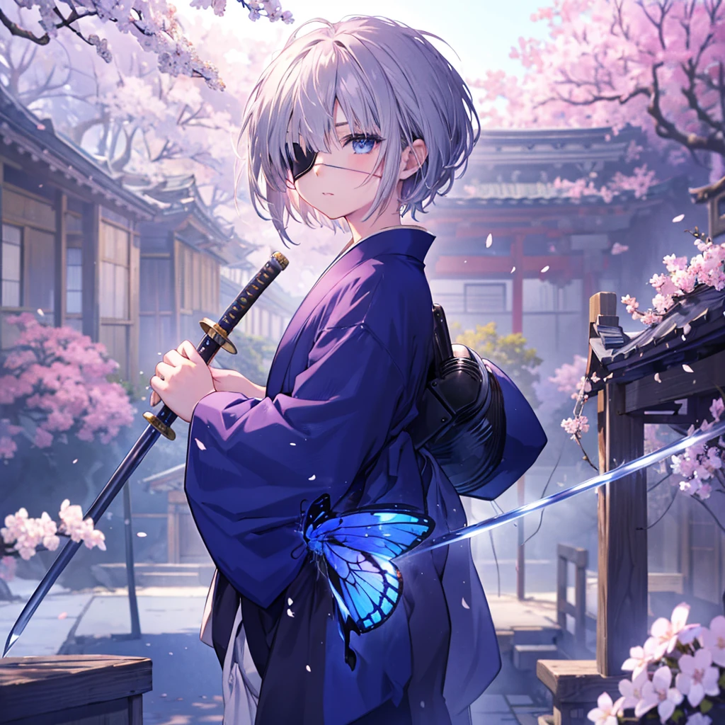 (((1 person Gray Hair))) ((((Eye patch)))) (((High resolution short hair Black kimono))) ((Shoulder Rin々Funny face Hold the sword)) ((Black Band samurai Lonely despair blue eyes Pull camera)) ((Blue Butterfly night Japanese style old Cherry Blossom Garden water surface Catch the wind Scattering cherry blossom petals)) ((Japanese sword Two-Way Slashing Bathed in light)) ((Sword Reflection Pink light)) 月night moonlight star Draw your sword Shining Background Shining Edge