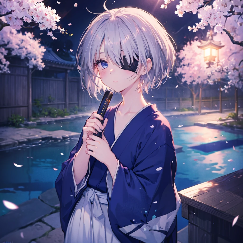 (((1 person　Gray Hair)))　((((Eye patch))))　(((High resolution　short hair　Black kimono)))　((Shoulder　Rin々Funny face　Hold the sword))　((Black Band　samurai　Lonely　despair　blue eyes　Pull camera))　((Blue Butterfly　night　Japanese style　old　Cherry Blossom Garden　water surface　Catch the wind　Scattering cherry blossom petals))　((Japanese sword　Two-Way　Slashing　Bathed in light))　((Sword Reflection　Pink light))　月night　moonlight　star　Draw your sword　Shining Background　Shining Edge