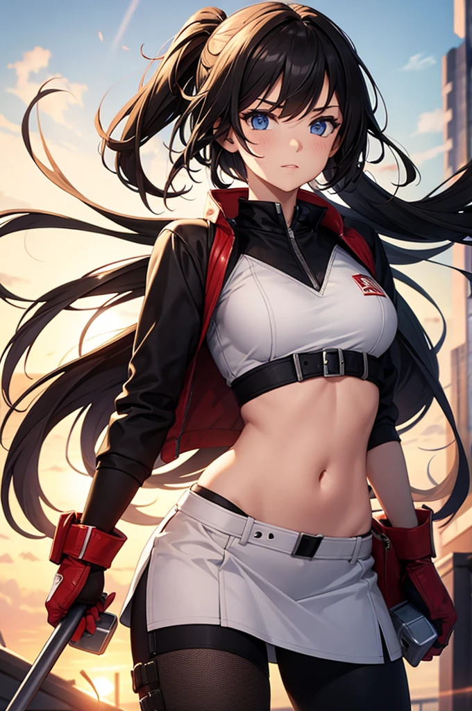 最high quality、best image quality、masterpiece、girl((20-year-old、 By becoming、vest bust、medium bust,wide open breast tea、shining eyes, glowing red hair、long hair、thin,highest valley、red sports bra、Red sports pants,Ruby Earrings、Wristband、black gloves、hero pose、inflammation from hands)),high quality、beautiful art、background((inflammation、volcano、magma、eruption、meteorite))、Flight、debris flies、Depth of written boundary、movie、visual art、perfect art、8K,genuine、
