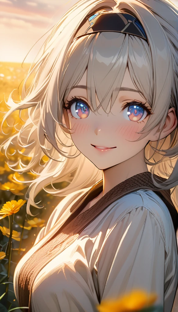 beautiful girl, long grey hair, beautiful face,smiling,close up to hips, beautiful breast, in the middle of flowers field, (open mouth:0.4),illustration,detailed textures(realists),ultra-detailed,portrait style,vivid colors,soft lighting, blushing, mature, hair fluttering, evening light , head band, side profile, half body, looking at viewer