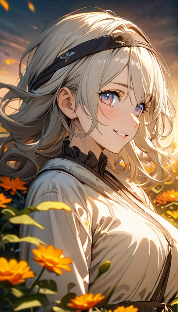 beautiful girl, long grey hair, beautiful face,smiling,close up to hips, beautiful breast, in the middle of flowers field, (open mouth:0.4),illustration,detailed textures(realists),ultra-detailed,portrait style,vivid colors,soft lighting, blushing, mature, hair fluttering, evening light , head band, side profile, half body, looking at viewer