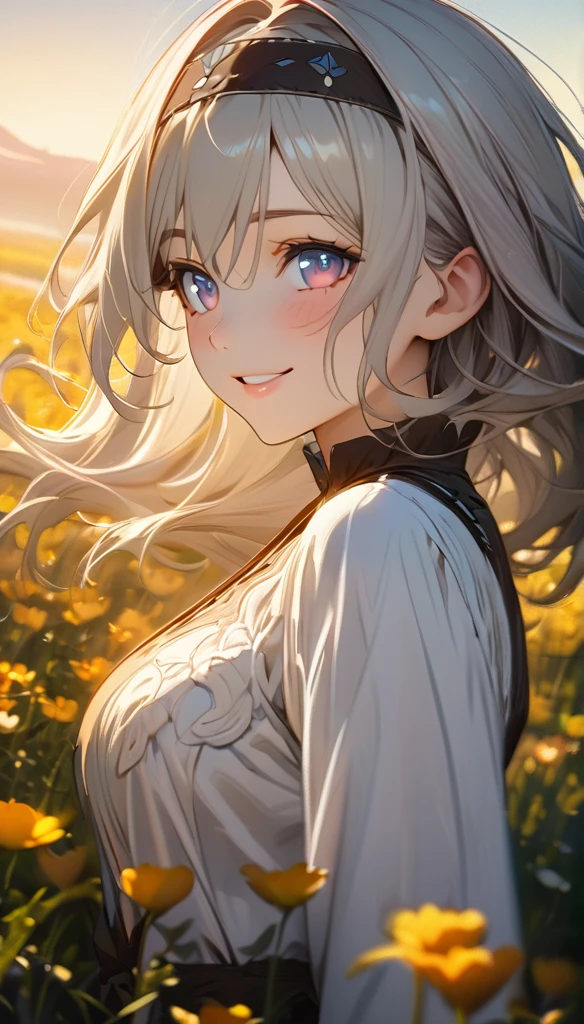 beautiful girl, long grey hair, beautiful face,smiling,close up to hips, beautiful breast, in the middle of flowers field, (open mouth:0.4),illustration,detailed textures(realists),ultra-detailed,portrait style,vivid colors,soft lighting, blushing, mature, hair fluttering, evening light , head band, side profile, half body, looking at viewer