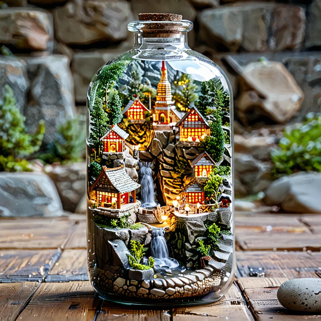 tilt-shift photography,(masterpiece, top quality, best quality),(ultra-detailed, absolutely resolution),((16k, high res)). (miniature in a glass bottle), (shrine, stone steps))