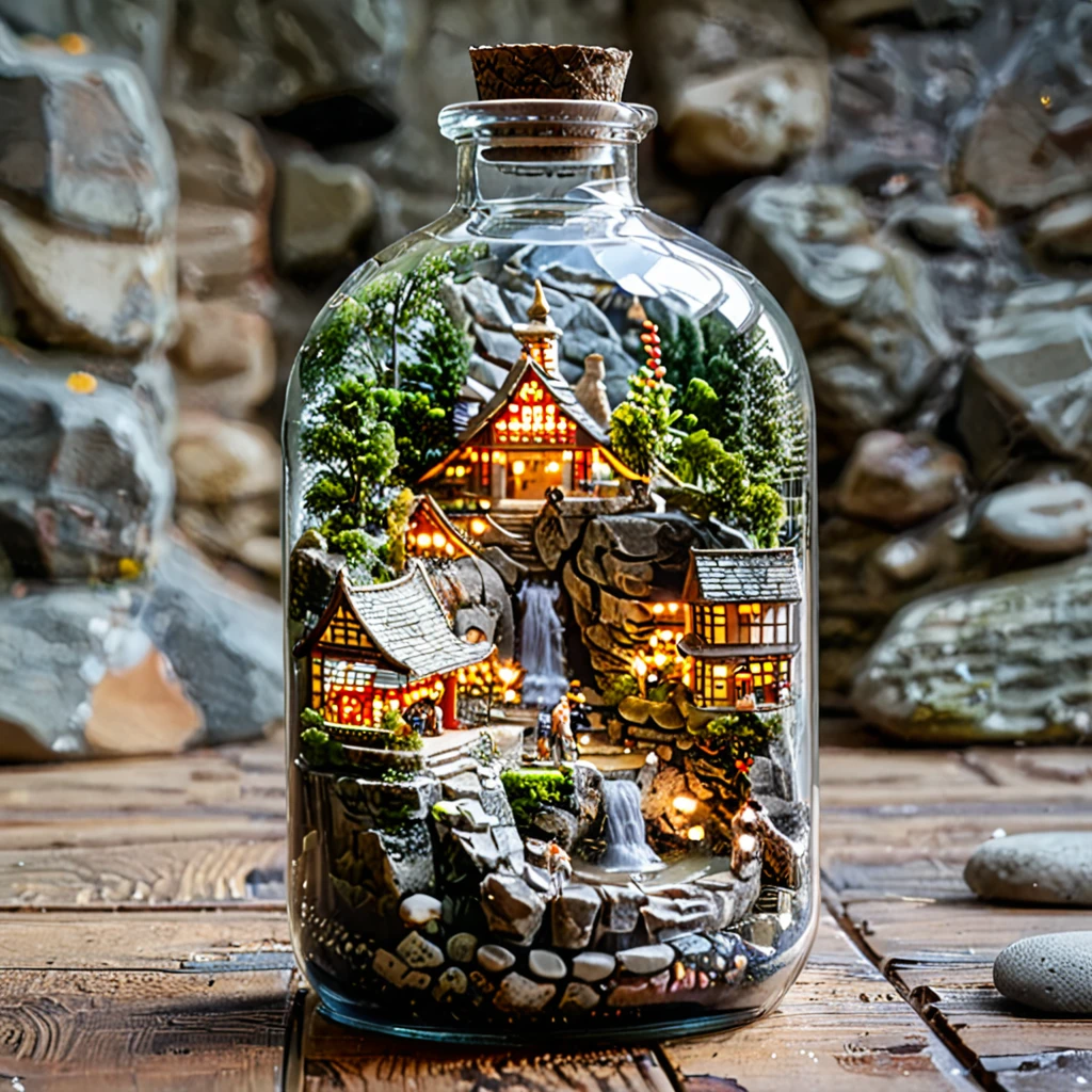 tilt-shift photography,(masterpiece, top quality, best quality),(ultra-detailed, absolutely resolution),((16k, high res)). (miniature in a glass bottle), (shrine, stone steps))