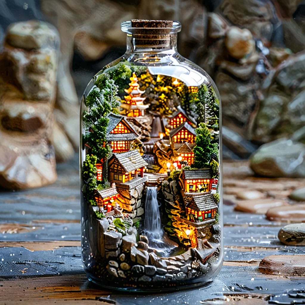 tilt-shift photography,(masterpiece, top quality, best quality),(ultra-detailed, absolutely resolution),((16k, high res)). (miniature in a glass bottle), (shrine, stone steps))