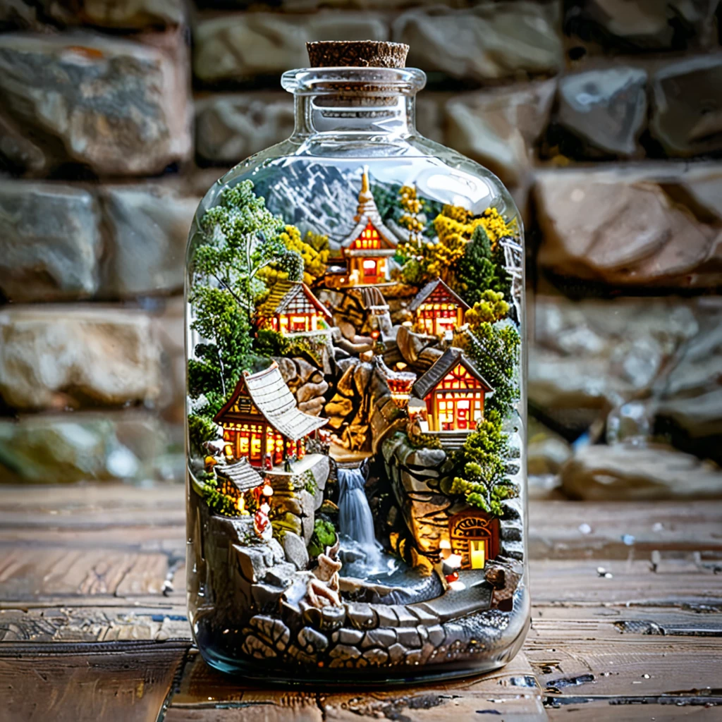 tilt-shift photography,(masterpiece, top quality, best quality),(ultra-detailed, absolutely resolution),((16k, high res)). (miniature in a glass bottle), (shrine, stone steps))