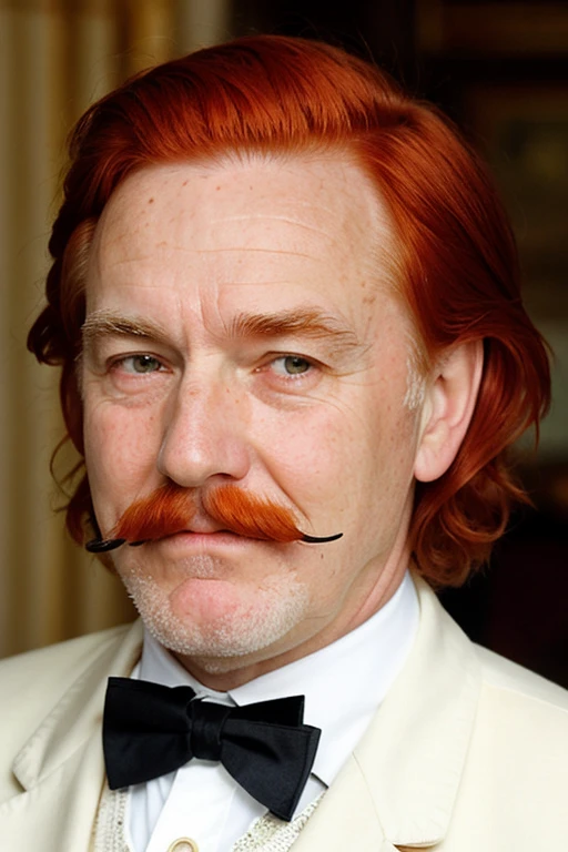 I need a Scottish grandfather who has half white hair, I have red hair, with white skin and freckles on her cheeks, have amber eyes, with bushy orange eyebrows and a walrus-style mustache without brava and who has a classic Victorian dress That he has red hair and only a mustache without brava and who looks elegant