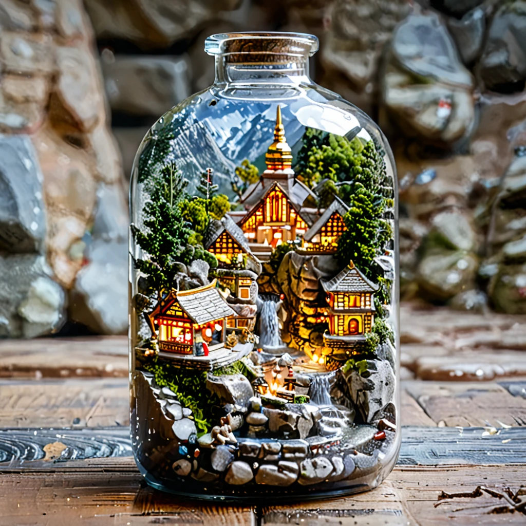 tilt-shift photography,(masterpiece, top quality, best quality),(ultra-detailed, absolutely resolution),((16k, high res)). (miniature in a glass bottle), (shrine, stone steps))