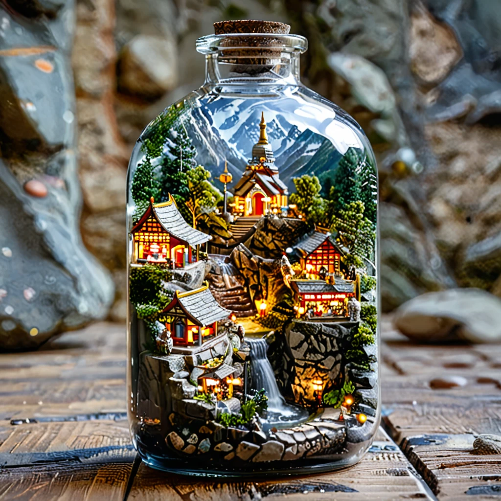 tilt-shift photography,(masterpiece, top quality, best quality),(ultra-detailed, absolutely resolution),((16k, high res)). (miniature in a glass bottle), (shrine, stone steps))