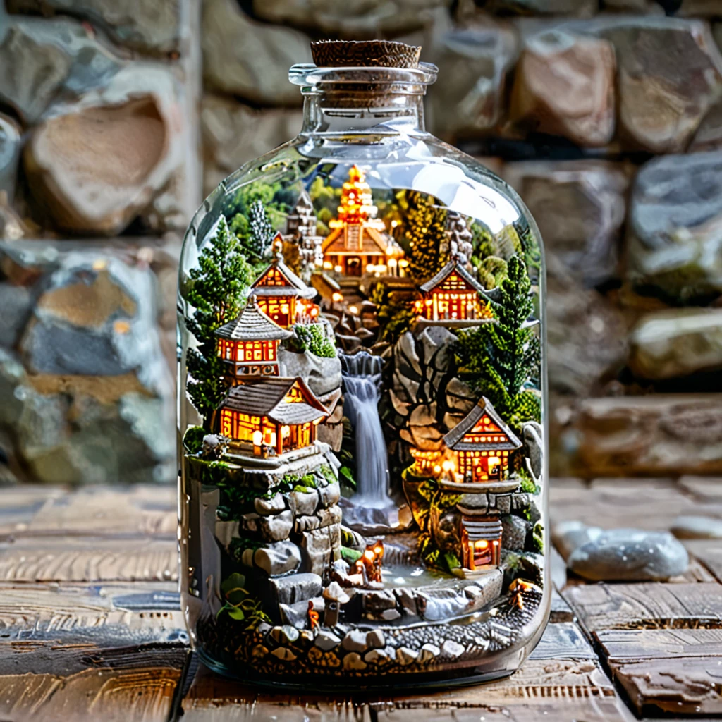 tilt-shift photography,(masterpiece, top quality, best quality),(ultra-detailed, absolutely resolution),((16k, high res)). (miniature in a glass bottle), (shrine, stone steps))