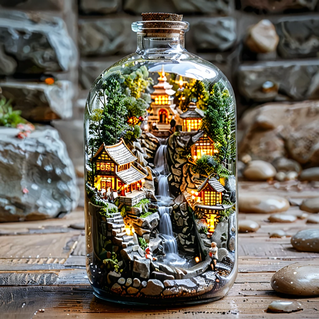 tilt-shift photography,(masterpiece, top quality, best quality),(ultra-detailed, absolutely resolution),((16k, high res)). (miniature in a glass bottle), (shrine, stone steps))