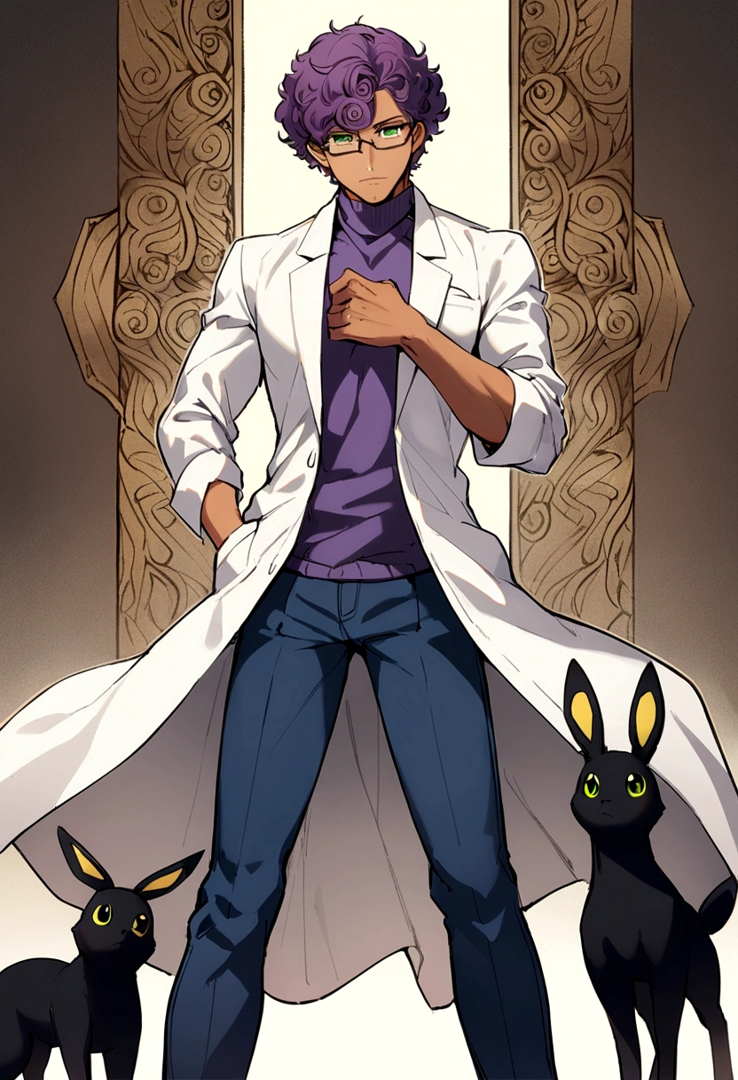 1man, 20s, strong body, latin, chin stubble, square face, tan skin, ((purple curly fluffy hair)), medium lenght hair, ((green eyes)), cool facial expression, (nice hands),  (grey turtleneck), lab coat, spectacles, jeans, sandals [pose with body turned in profile looking at viewer], determined facial expression, simple backgroun, accompanied by an Umbreon