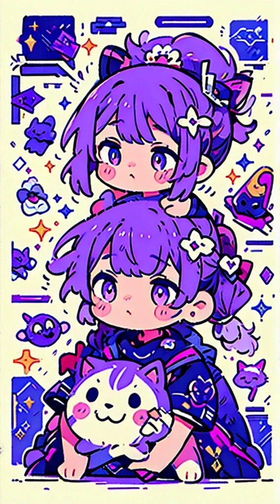 Q version、cute、Low double ponytail、Purple Eyes、masterpiece、Top quality、Top image quality,、Purple Hair、Bangs、(Genshin Impact)Nilu