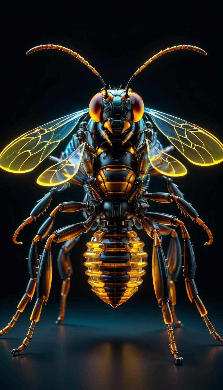 whole body, Against an all-black background, The fusion of biology and machines, Transparent Mechanical Giant Hornet, Complex and precise internal structure, Glowing neon lamp