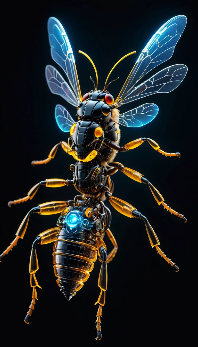 whole body, Against an all-black background, The fusion of biology and machines, Transparent Mechanical Giant Hornet, Complex and precise internal structure, Glowing neon lamp