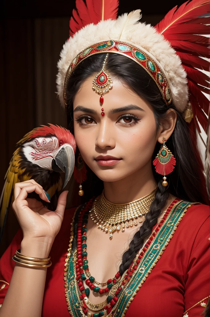 Face of an Indian woman with a red macaw feather headdress holding an eagle on her left finger