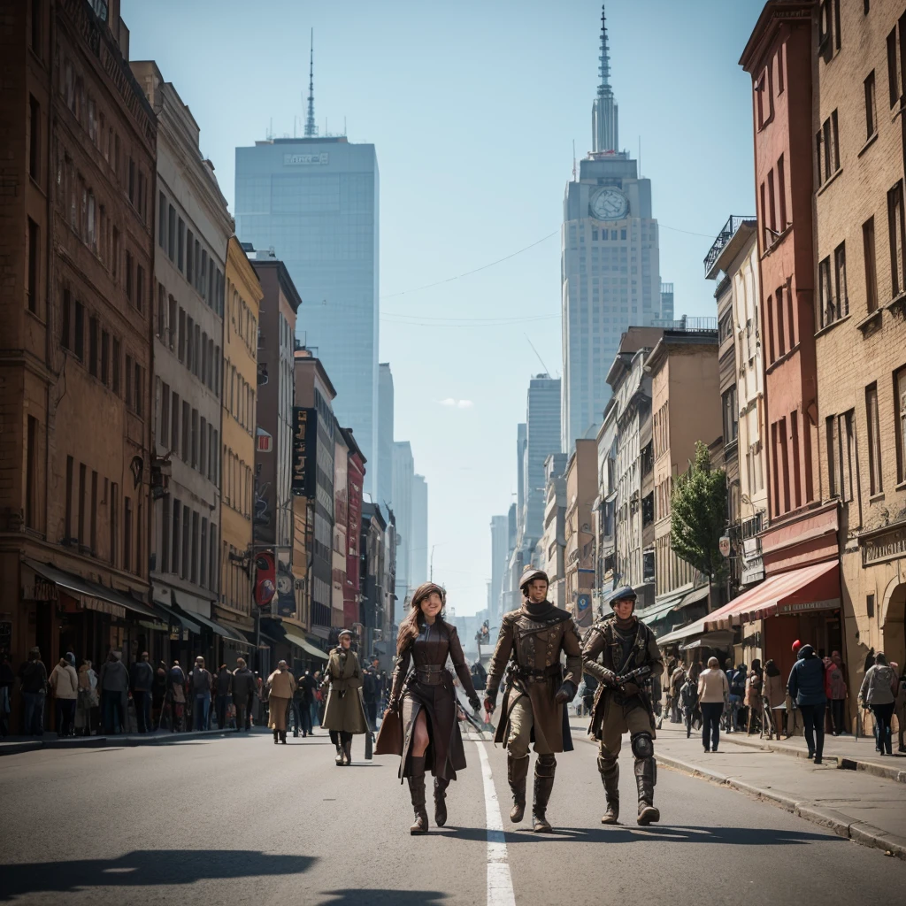 there are many robots walking down the street in this picture, eve ventrue, film still from the movie, smogpunk, army of robots, trending on 500px, inspired by Mirabello Cavalori, steampunk motorcycle, trending on artstattion, by Ryan Barger, widescreen shot, inspired by Tadeusz Pruszkówski Big eyes smile