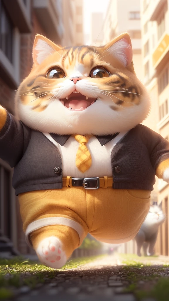 A cat is walking on the street,Raise your arms, Cute 3d rendering, Cute numbers, Lovely and detailed digital art, cute numbersArt, Fat Cat, 3D rendering style, Garfield, Running cat, Fat Cat superhero, Roland Zirvinskis 3D Rendering Art, Anthropomorphic Cat, 3d rendering digital art