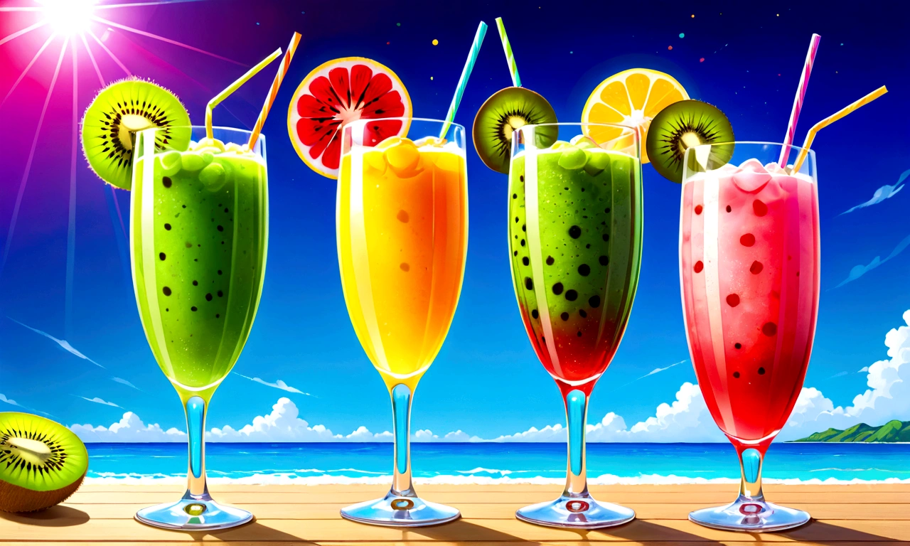 there is a glass of fruity drink with a slice of kiwi, colorful coctail, colorful hd picure, cold drinks, colorfully, drinking cocktail, mixing drinks, colorful, colorful]”, Vibrant colors!!, colorfull, Vibrant colors, drink, beautiful colorful, Shiny、Sparkling, colorful mood, colorful!!, wonderfully colorful, colorful, shiny colorful