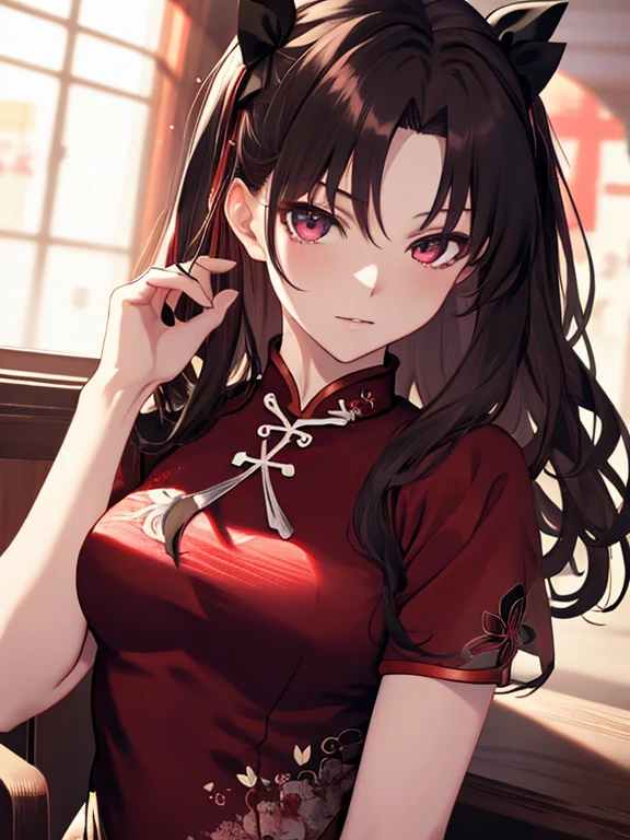Tohsaka Rin、Cheongsam, uhd, retina, masterpiece, ccurate, anatomically correct, textured skin, super detail, high details, high quality, best quality, highres, 4K