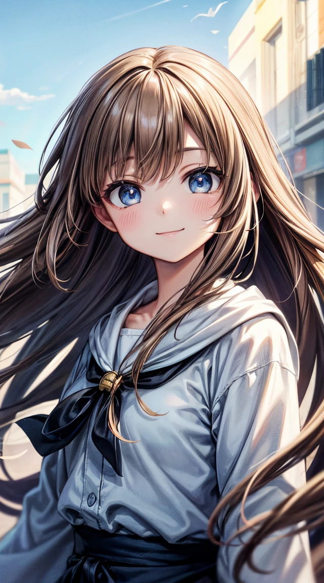 Light Brown Hair, Long Hair, Floating Hair, Shiny Hair, jewelry, 軽いsmile, Beautiful face and eyes in every detail, Conceptual Art, Cinema Lighting, jpeg artifacts, Colors like Ghibli, Cast a Shadow, Depth of written boundary, Hyperrealism, masterpiece, retina, Accurate, Highest quality, High resolution, 4K, Super detailed, blue eyes, smile, blue sky, Journey