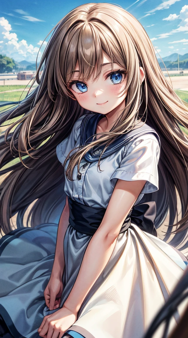Light Brown Hair, Long Hair, Floating Hair, Shiny Hair, jewelry, 軽いsmile, Beautiful face and eyes in every detail, Conceptual Art, Cinema Lighting, jpeg artifacts, Colors like Ghibli, Cast a Shadow, Depth of written boundary, Hyperrealism, masterpiece, retina, Accurate, Highest quality, High resolution, 4K, Super detailed, blue eyes, smile, blue sky, Journey