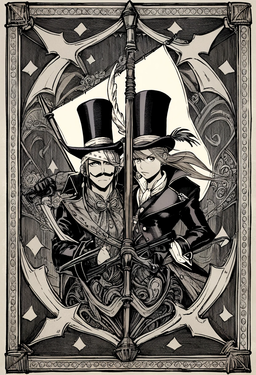 A pirate flag with a top hat and two halberds crossing each other
