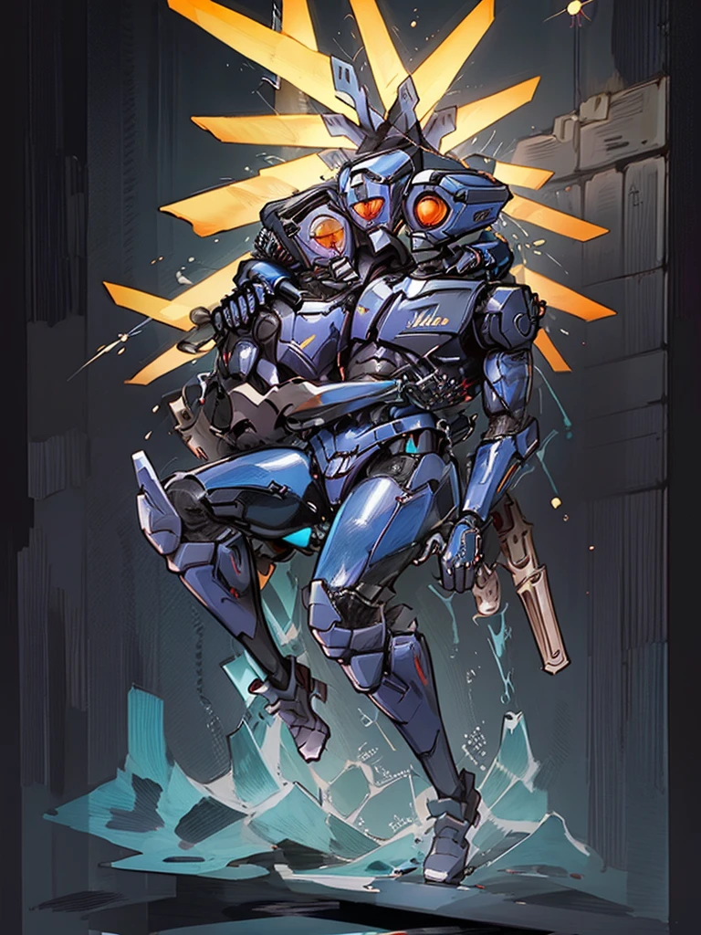 V1, blue robot, detailed, by zackary911, by chunie, sliding, holding revolver, coin in air, gunshot, ricochet using coin, hell, solo