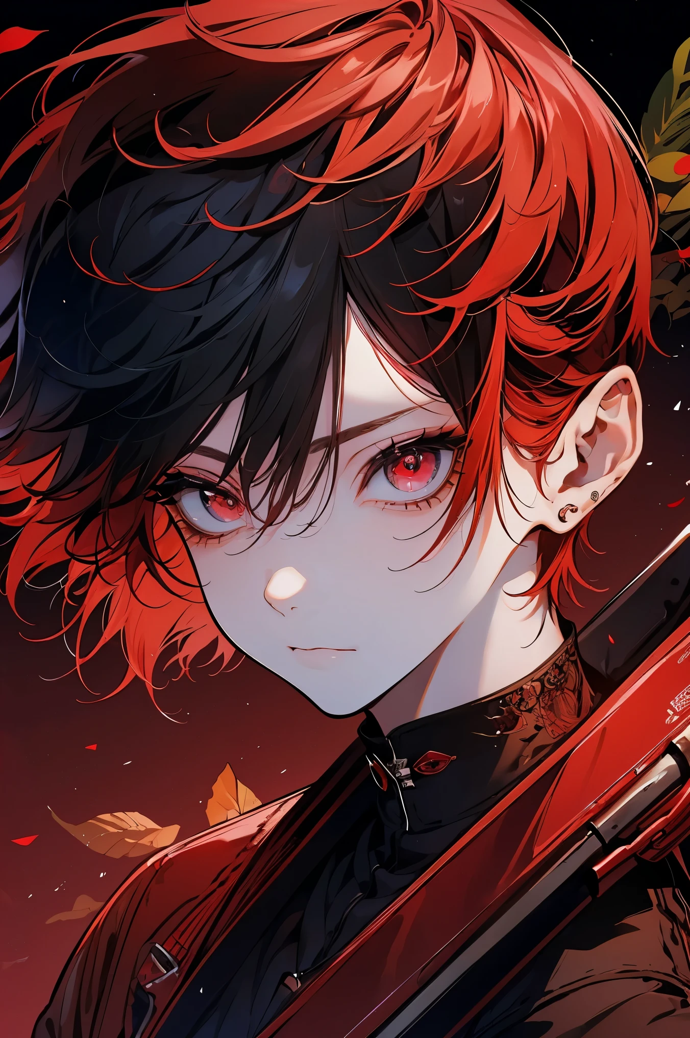 (Mastepiece), (Best Quality), Very detailed, 1 boy, Solo Shooting, Perfect Face, Beautiful Face, Very detailed顔，(Red-haired shorthair:1.3)，(Big eyes:1.4)，(Long eyelashes:1.4)、(Red eyes:1.3)、Lots of flowers