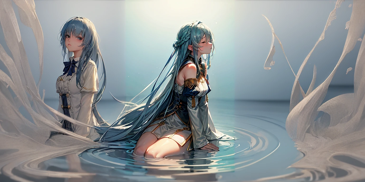 Masterpiece, best quality, high quality, blue hair strands, peace background, thin water layer, white background, beige, foggy, extremely detailed CG uniform 8k wallpaper, award winning photography, bokeh, depth of field, HDR, bloom,trending on artstation, trending on CGsociety, Intricate, High Detail, dramatic