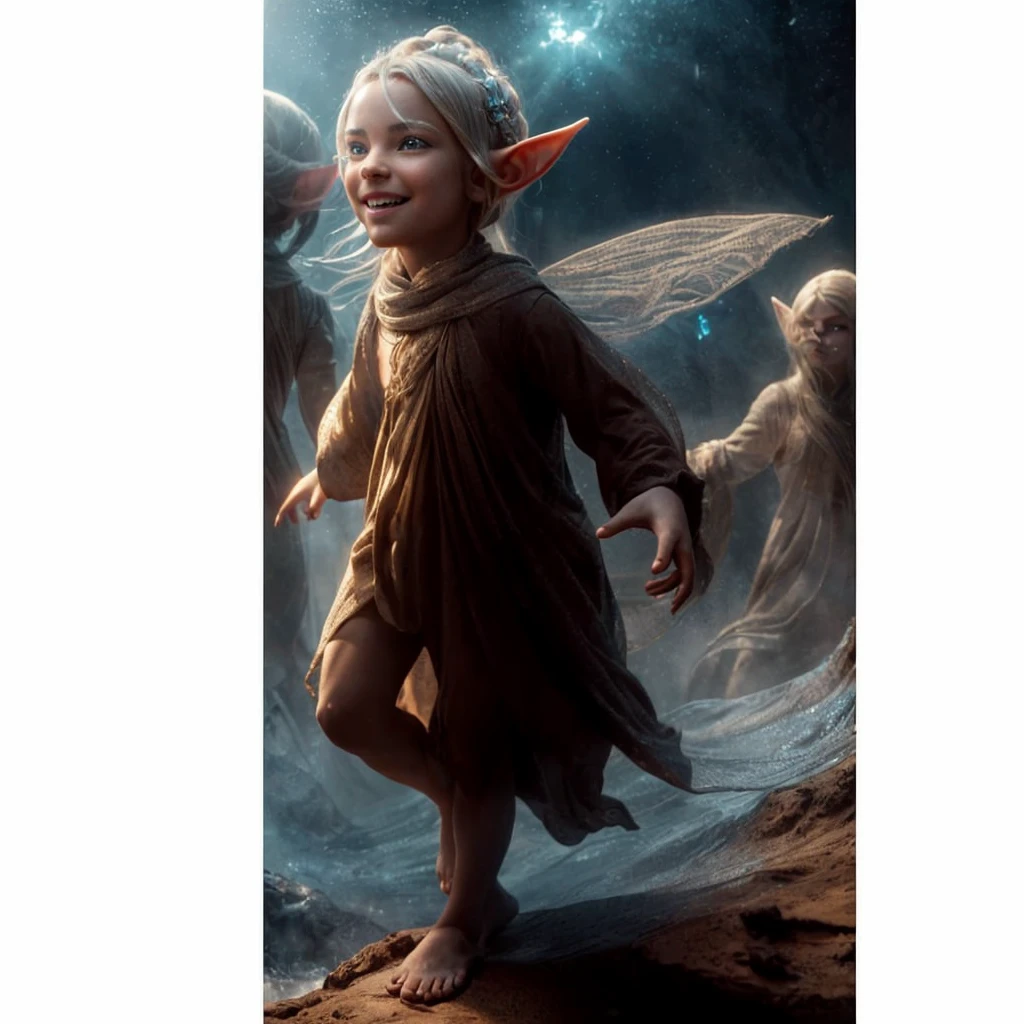 Complete and real image. Beautiful face of an elf, smiles with mischief and curiosity. Photorealism, full view, highly detailed image, very realistic, hyperrealism, Ultra HD, 8k, 5, sharp focus, intricate and mysterious masterpiece. (Long exposure photography Highly detailed close-up portrait art illustration: final quality, medium shot, backlit, Rich and eye-catching. Enigmatic and mysterious manipulations (composition of the rule of thirds), ((detailed environment with strong lines) The best quality, in camera, white light, warm and clean aesthetics, dazzling screen composed of millions of brilliant ultraviolet rays, HDR.