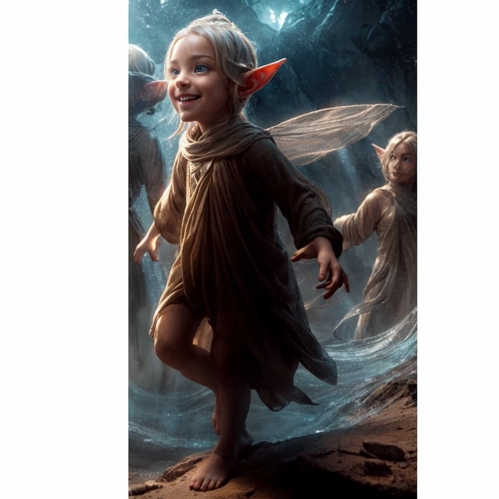 Complete and real image. Beautiful face of an elf, smiles with mischief and curiosity. Photorealism, full view, highly detailed image, very realistic, hyperrealism, Ultra HD, 8k, 5, sharp focus, intricate and mysterious masterpiece. (Long exposure photography Highly detailed close-up portrait art illustration: final quality, medium shot, backlit, Rich and eye-catching. Enigmatic and mysterious manipulations (composition of the rule of thirds), ((detailed environment with strong lines) The best quality, in camera, white light, warm and clean aesthetics, dazzling screen composed of millions of brilliant ultraviolet rays, HDR.