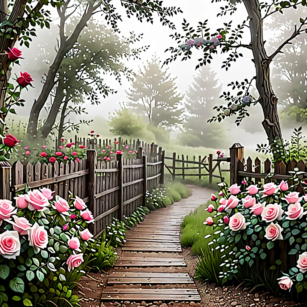 A nature trail with a rustic wooden fence and roses covered in mist.