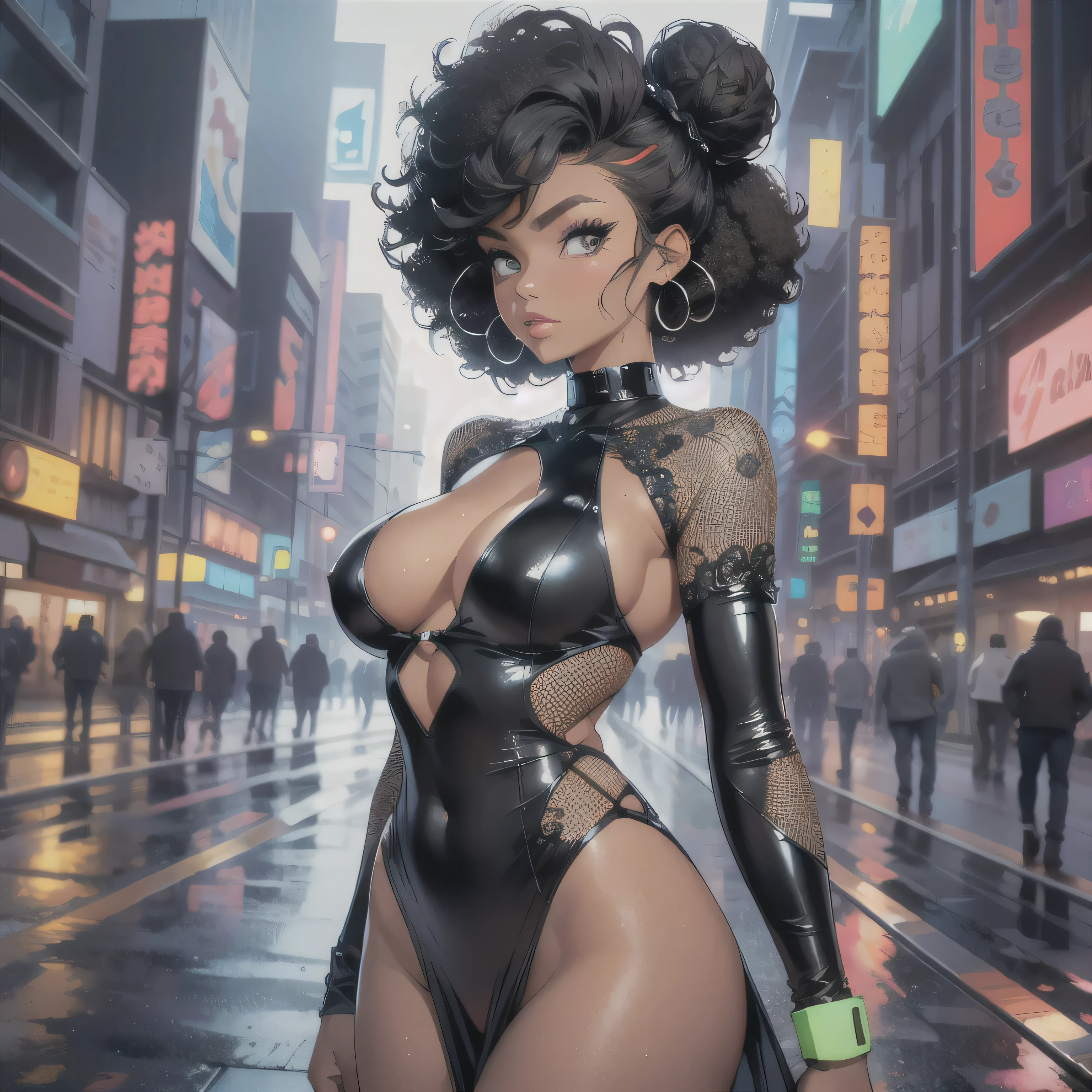 girl spacepunk,(((1girl))),((cute and beautiful afro haired girl)),((((black race)))), (large breasts:1.4),saggy breasts,((((black afro hair:1.35,((afro hair:1.35)),afrohair,afro:1.35,dark hair,black hair,Double hair bun:1.3)))),medium hair,((heterochromia:1.5, (yellow_eye and red_eye))),intricate eyes,beautiful detailed eyes,symmetrical eyes,((fat)),((((tan,dark skin,black skin:1.35,dark-skinned_female,dark skin:1.3,ebony skin,lustrous skin:1.5,bright skin: 1.5,shiny skin,very shiny skin,shiny body,illuminated skin,wet legs)))),(spider lower abdomen,narrow waist,wide hip,athletic body,inflated legs),(((detailed face))), cute,slutty,sensual,seductive look,seductive,erotic,enchanting,((nsfw)), revealing clothing,show skin,(((neon green fishnet dress))),((slave collar)),(((wet clothes,intricate outfit,intricate clothes))), (dynamic pose:1.0),solo focus,embarrassed,(centered,scale to fit dimensions,Rule of thirds), cyberpunk city by the ocean at night, with bright neon signs and dark stormy clouds and puddles, scenery:1.25, artistic photography,(photography taken by sldr),highres, sharp focus, (ultra detailed, extremely detailed), (photorealistic artwork:1.37),(extremely detailed CG unity 8k wallpaper),((synthwave background theme)),(((vibrant colors))),(intricate background),(masterpiece),(best quality),