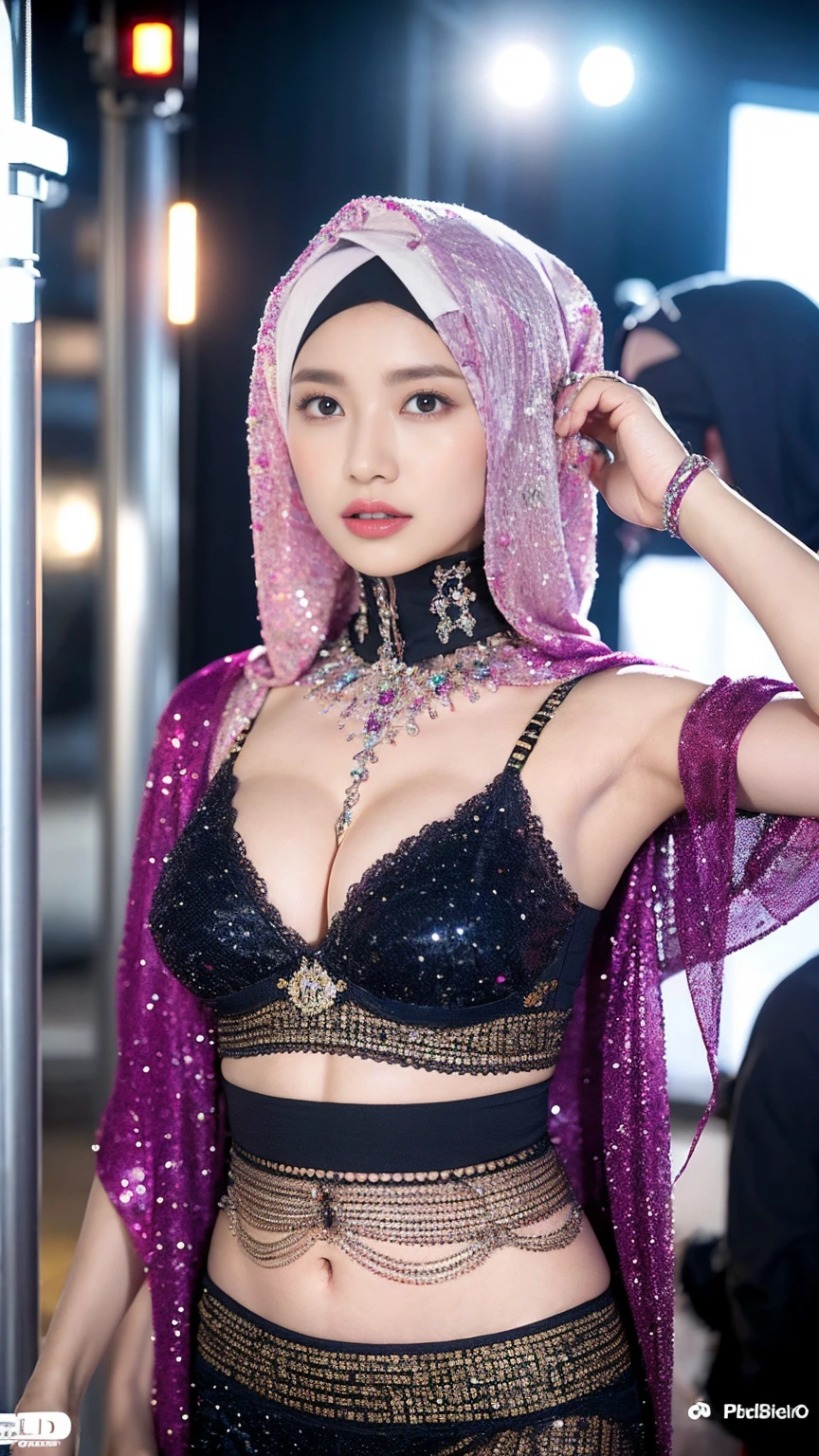 colorful belly dancer, cyber punk, Javanese, (((Hijab))), Cleavage, reflected light, Chiaroscuro, Depth of written boundary, Cinema Lighting, Ray Tracing, Sony FEGM, 超High resolution, Super detailed, masterpiece, Textured skin, Attention to detail, Highest quality, Awards,3d,High resolution(High Dynamic Range),Ray Tracing,NVIDIA,Super Resolution,Unreal 5,Scattered beneath the surface、PBR Textures、Post-processing、Anisotropic Filtering、Depth of written boundarys、Maximum clarity and sharpness、Multilayer Texture、Albedo and Specular Maps、Surface Shading、Octane Rendering for Accurate Simulation of Light and Material Interactions、Two-color light、Large diameter、Low ISO、White balance、Three-part method、8K raw data